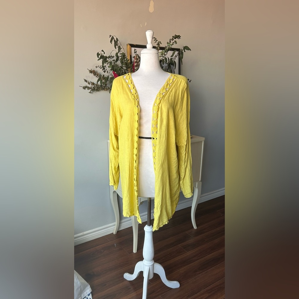 Naldi Italy Yellow Linen Open Front Cardigan Crochet Trim - Large